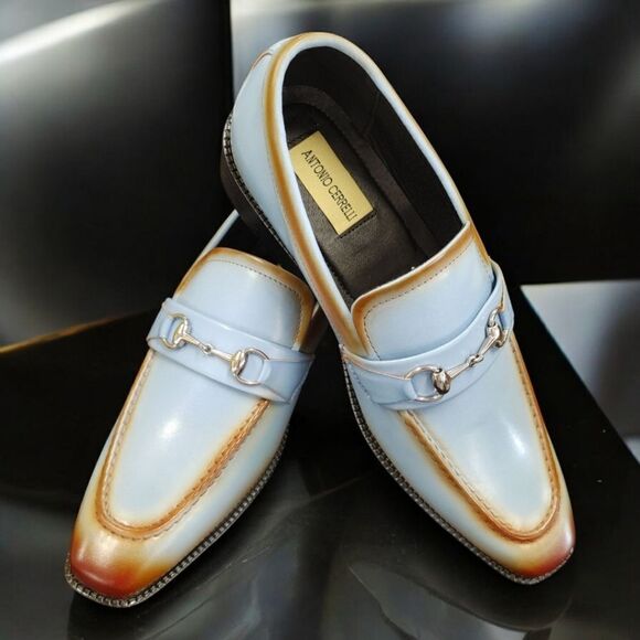 MEN'S ANTONIO CERRELLI BLUE/TAN SLIP ON DRESS SHOE. 7007. - Picture 1 of 8